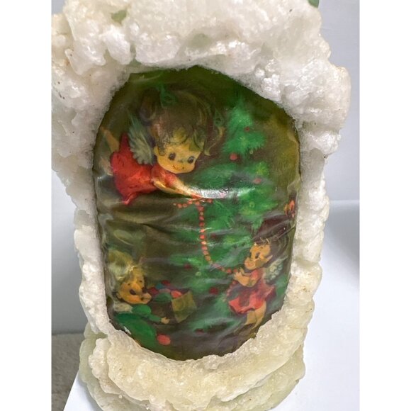 Christmas Pilar Candles Green Angels Pixie Puffy Snow Design Set of 2 Retro 6" - Picture 5 of 8